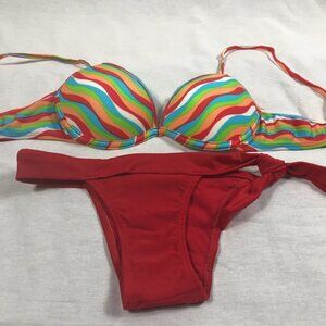 Recco Size Medium Brazilian Red Hot Bikini Bottom & Multi Stripes Bikini Top.New